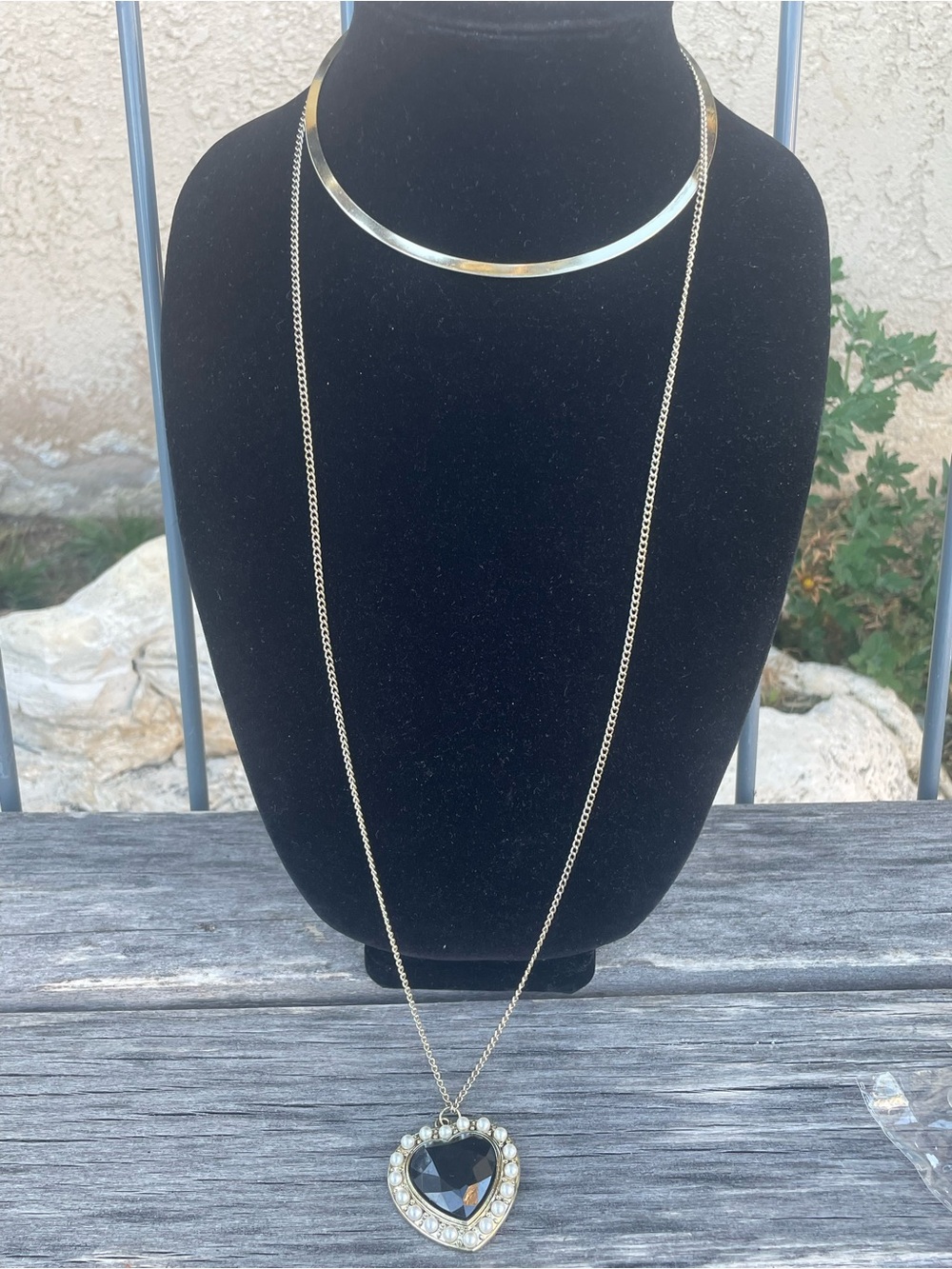 Gold-Tone Heart Pendant Necklace with Black Crystal and Rhinestones